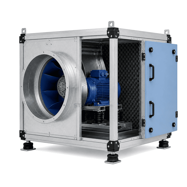 Open-panel view showing EC motors fan wheels and filters inside the supply-air unit