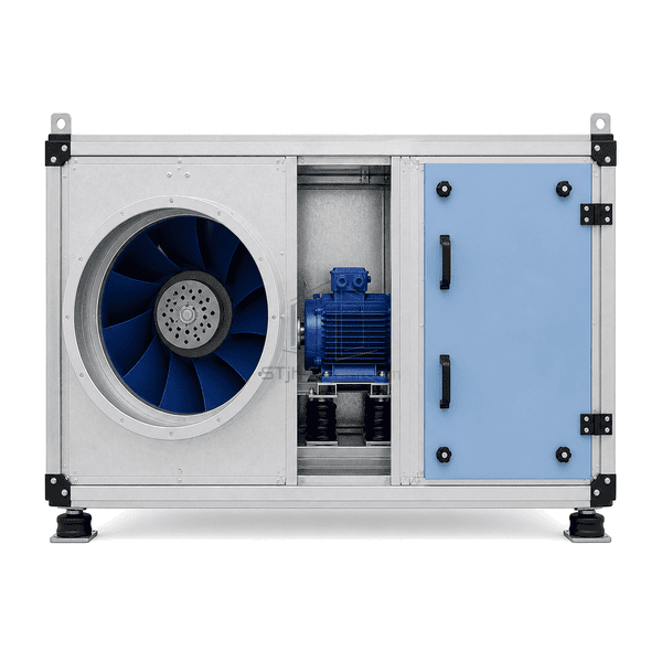 Front view of the cleanroom supply-air fan unit and backward-curved impeller inlet