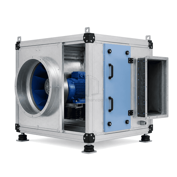 Rectangular duct connections and service section on the cleanroom supply-air fan unit