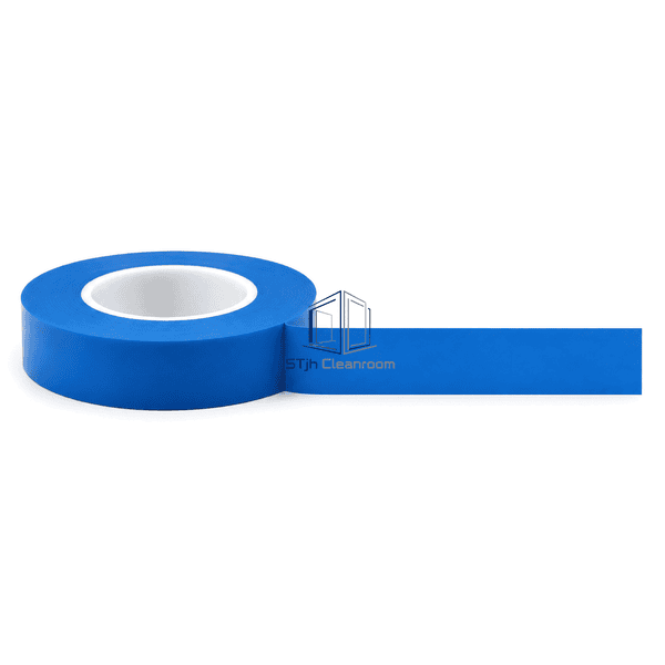 Blue cleanroom tape roll with a complete short strip extended horizontally