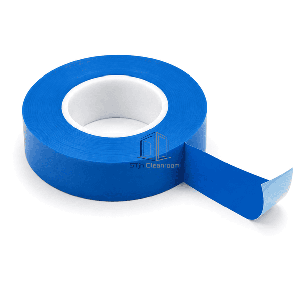 Complete blue cleanroom tape roll with one lifted edge revealing the adhesive side