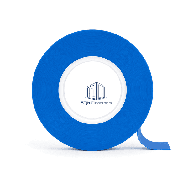 Blue cleanroom tape roll standing upright with full circular profile visible