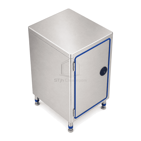 Elevated view of stainless tool cabinet and organized drawer bank