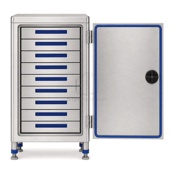 Front view of cleanroom tool cabinet with outer door opened