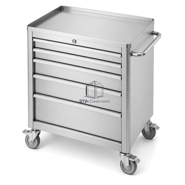 Cleanroom tool cart in a complete rear three-quarter perspective