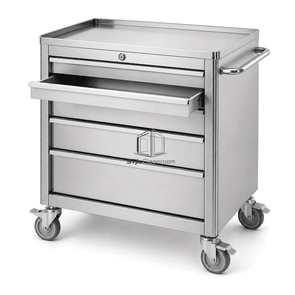 Cleanroom tool cart view showing open empty drawer and locking caster