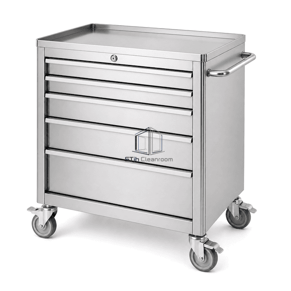 Cleanroom tool cart side profile showing handle and casters
