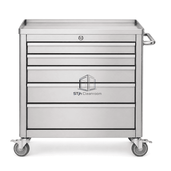 Cleanroom tool cart front view showing six graduated lockable drawer tiers
