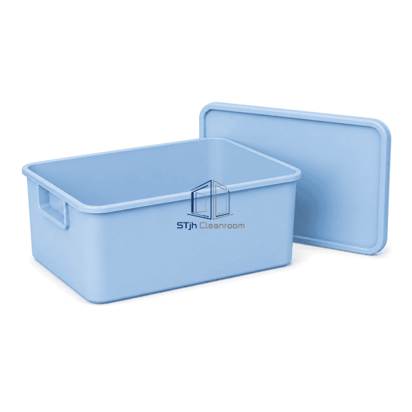 Cleanroom tote box shown horizontally with lid placed open behind it