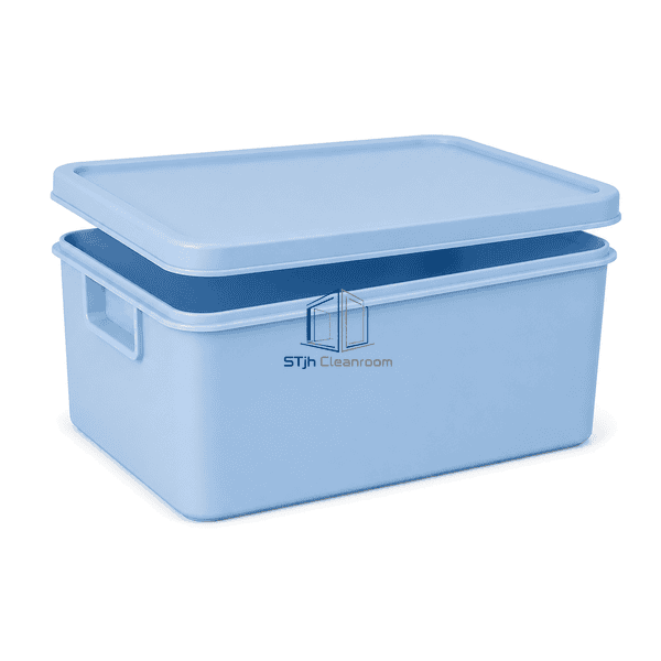 Light-blue cleanroom tote with its matching lid lifted to reveal the reinforced mating rim