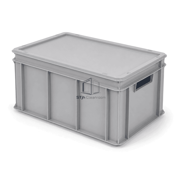 Closed cleanroom tote in elevated rear-right perspective with fitted lid