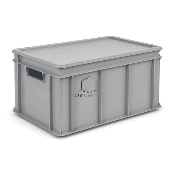 Cleanroom tote structural view showing corner posts ribs and reinforced base
