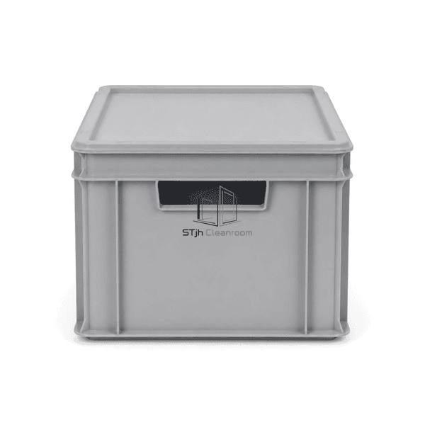 Cleanroom tote short-end view showing recessed molded hand grip