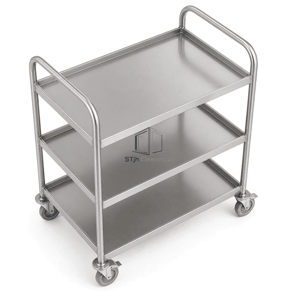 Cleanroom transfer cart view highlighting shelf lips and locking caster