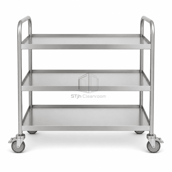 Cleanroom transfer cart straight-on front view with three shelves