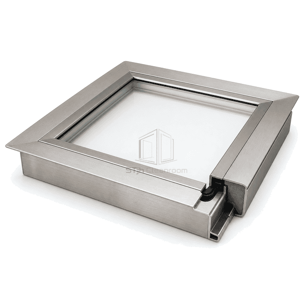 Close view of the sealed hatch-window edge beside interlock hardware