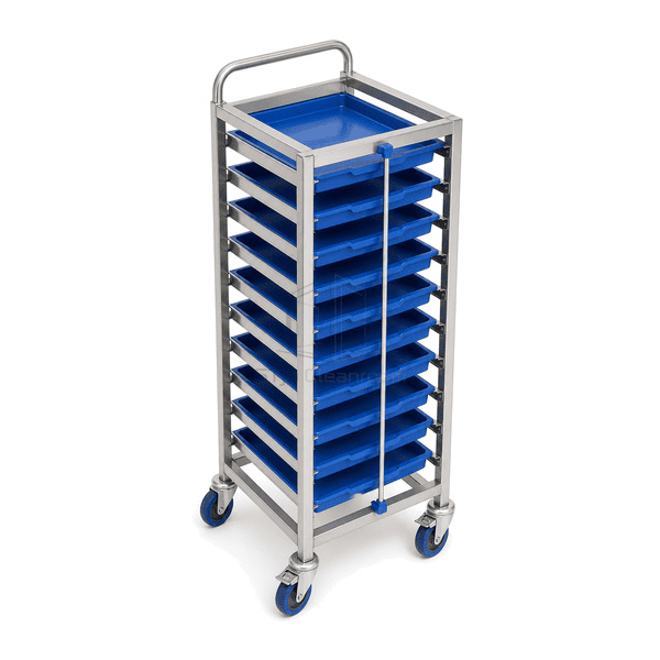 Elevated view of twelve blue cleanroom trays inside stainless transport rack