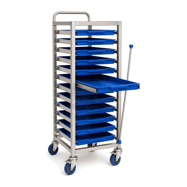Tray cart connection showing pulled tray welded runners rear stop retaining bar and caster