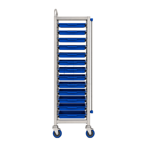 Side view showing tray cart runner spacing rear stops and push handle