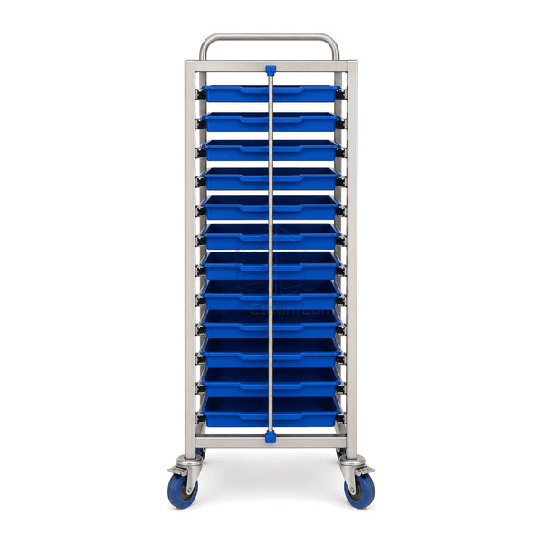 Front view of cleanroom tray cart twelve tray levels and retaining bar