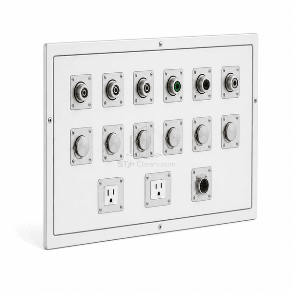 Wide cleanroom utility interface panel with organized outlets