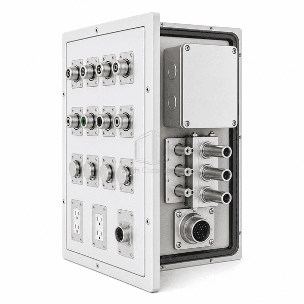 Side view showing the utility panel frame and rear service connections