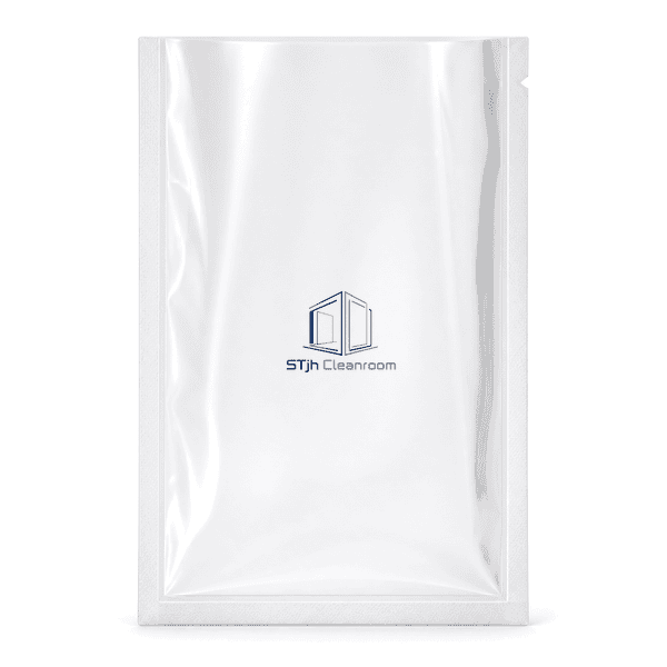 Transparent vacuum pouch standing upright with three sealed sides visible