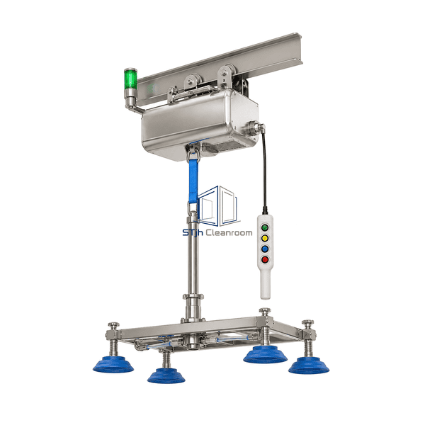 Cleanroom vacuum lifter structural view showing trolley belt spreader and cup mounts