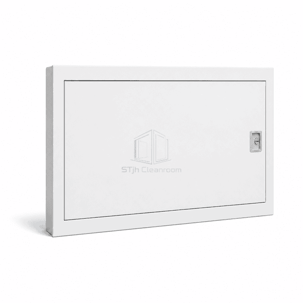 Open cleanroom wall access panel with removable door visible