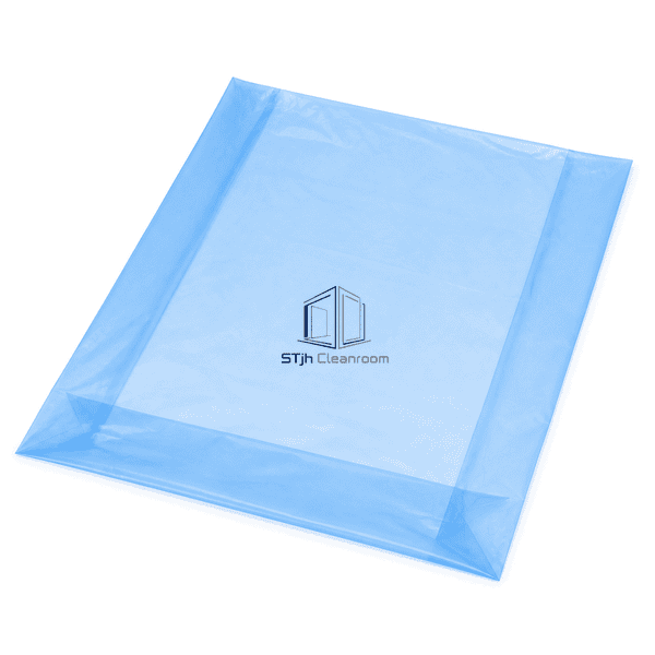 Blue cleanroom waste liner laid flat with complete dimensions visible
