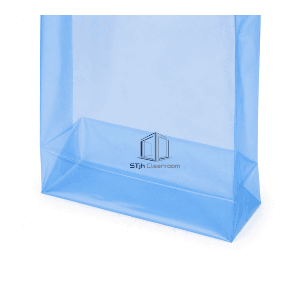 Close view of the cleanroom waste bag gusset folds and continuous bottom heat-welded seam