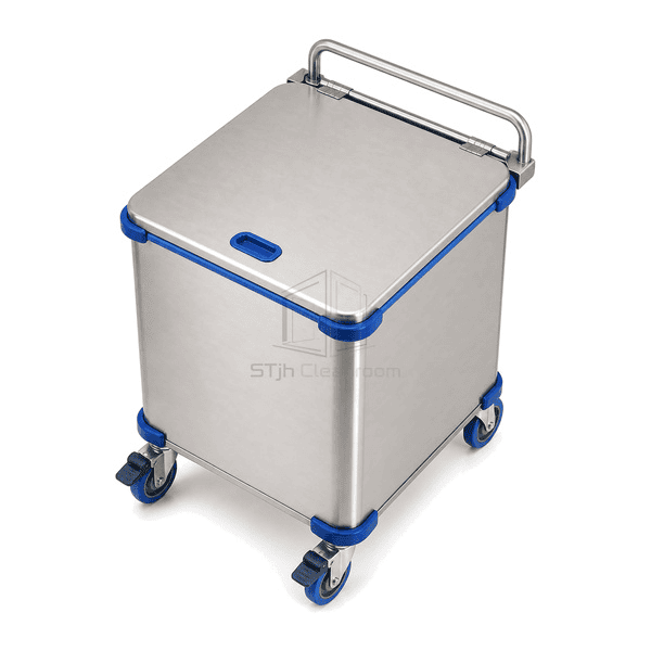 Elevated view of cleanroom waste cart closed gasketed lid