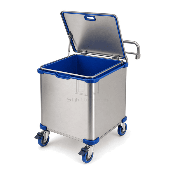 Open cleanroom waste cart showing removable liner bag frame lid gasket hinge and gas spring