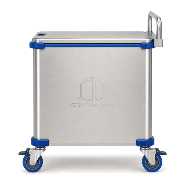 Side view showing waste cart push handle lid hinge bumpers and wheels