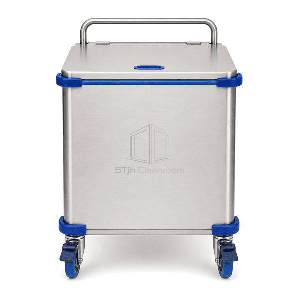 Front view of mobile cleanroom waste cart hinged lid and stainless body