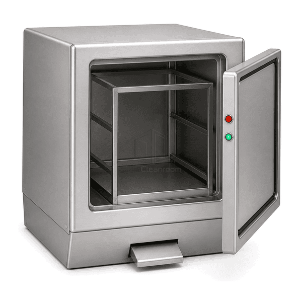 Side view of waste pass-through showing removable liner frame