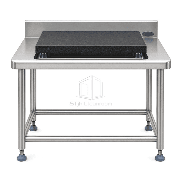 Front view of stainless weighing workstation and independent stone slab