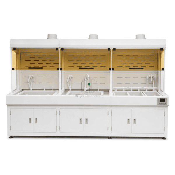 Wide cleanroom wet bench with three modular chemical processing sections