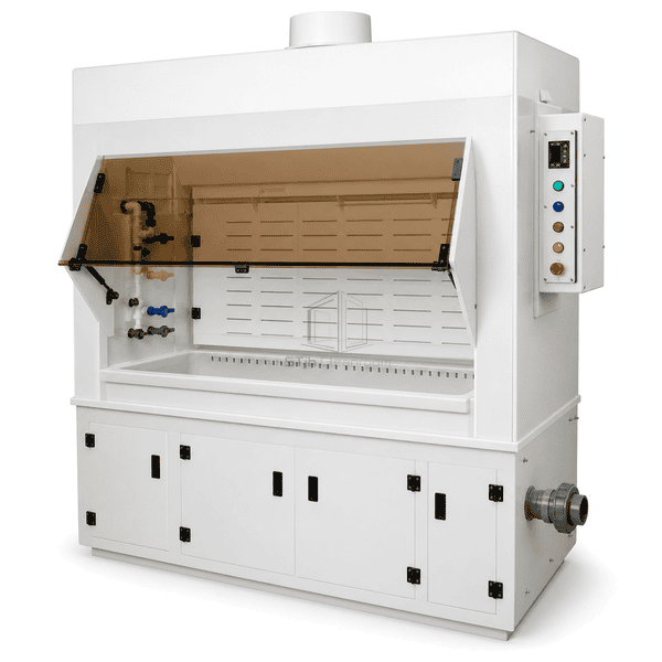 Complete cleanroom wet bench with open sash and visible bath, baffle and utility interfaces