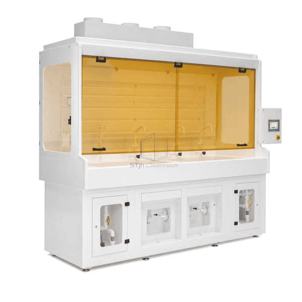 Cleanroom wet bench side view showing hood depth, service doors and exhaust plenum