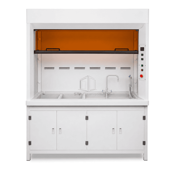 Polypropylene cleanroom wet bench full front view with rinse modules and exhaust slots