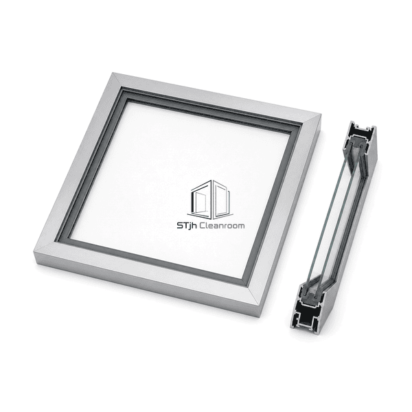 Complete horizontal cleanroom window with glazing gasket channel sample