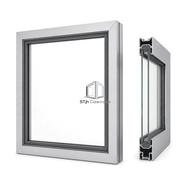 Side view showing two glass panes and the compressed cleanroom window gasket