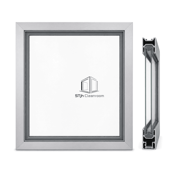 Front view of a cleanroom observation window and glazing-channel section