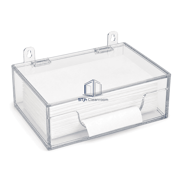 High horizontal view of complete cleanroom wipe dispenser and folded wipe stack