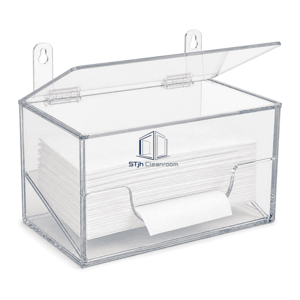 Complete PETG wipe dispenser with refill lid open to show the dual hinge joint
