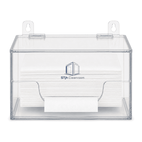 Front view of enclosed wipe dispenser with access cutout and two mounting tabs