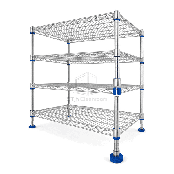 Cleanroom wire shelving connection showing split sleeve tapered corner housing and post groove