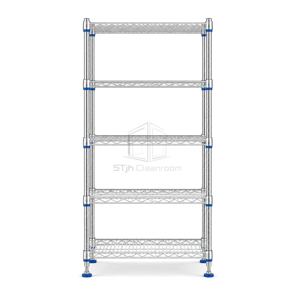 Side view showing wire shelf depth grooved posts and leveling feet