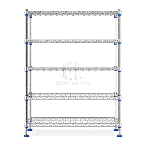 Front view of open-grid cleanroom wire shelf rack